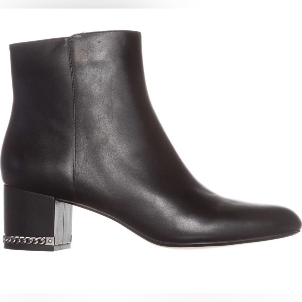 Black Michael Kors Leather Ankle Boots with Silver Chain on Heel Block